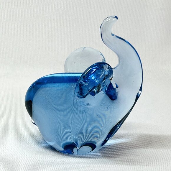 Blue Art Glass Elephant Vintage Hand Blown Raised Trunk Good Luck Figurine - Picture 3 of 8